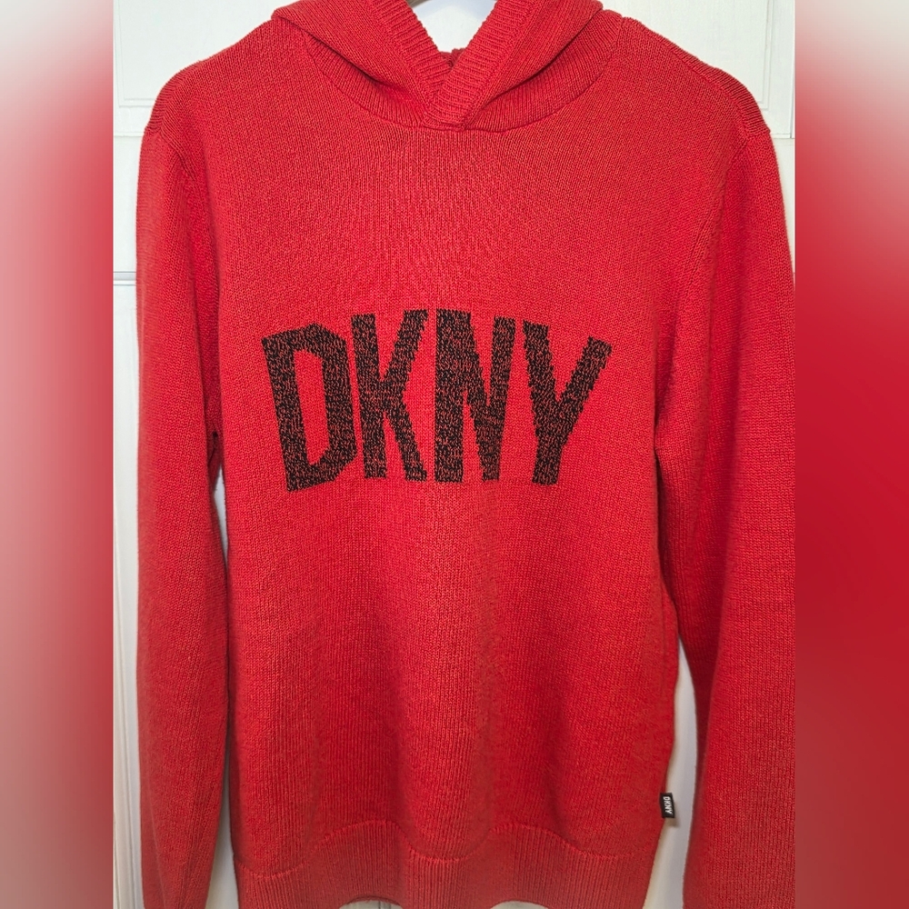 DKNY Knit Cotton Blend Hooded Logo Sweater- Men's Size Med